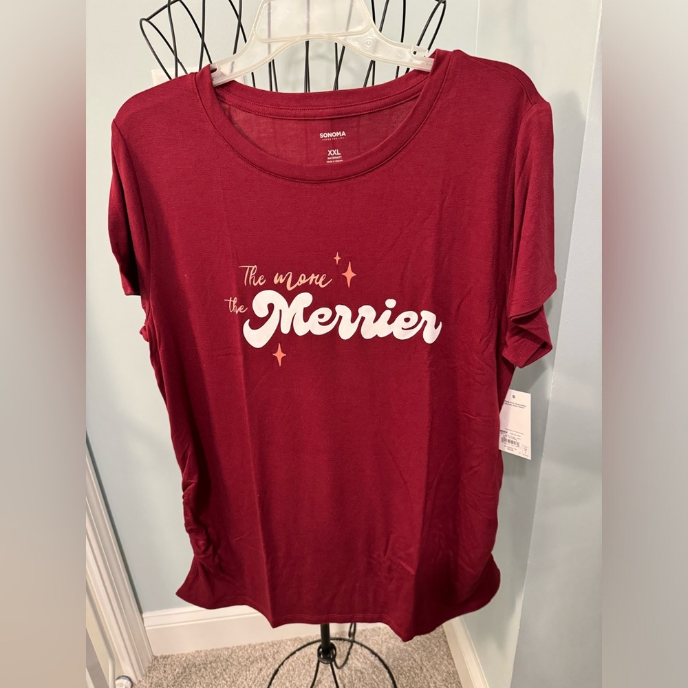 NEW Maternity More the Merrier 2X XXL Christmas Burgundy Fitted Crewneck shirt